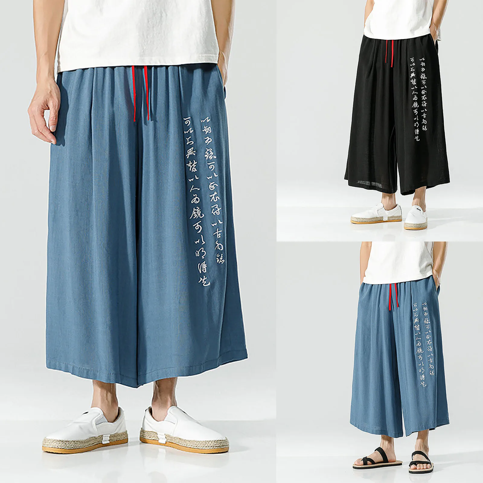 Chinese Calligraphy Embroidered Men's Wide-legged Pants Summer Cotton Linen Straight-legged Pants Japanese Retro Casual Pants