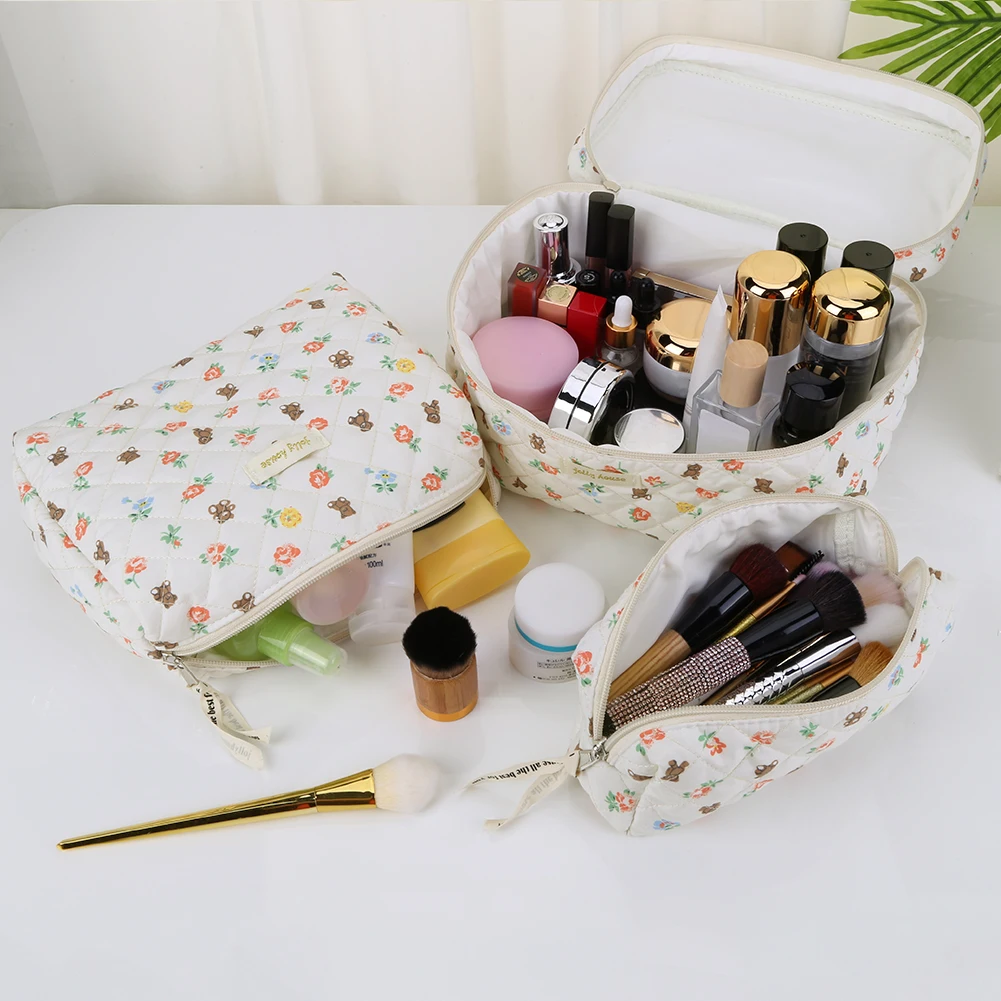 3PCS Women's Cotton Quilted Makeup Bag Cute Bear/Strawberry Aesthetic Organizer Boxes Multifunction Storage Coquette Cometic Bag