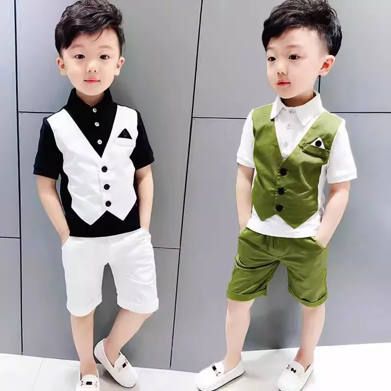 Low Price Clearance Stock Sale Boys Summer Vest Shorts Photography Suit Kids Wedding Ring Bearer Dress Children Coser Costume