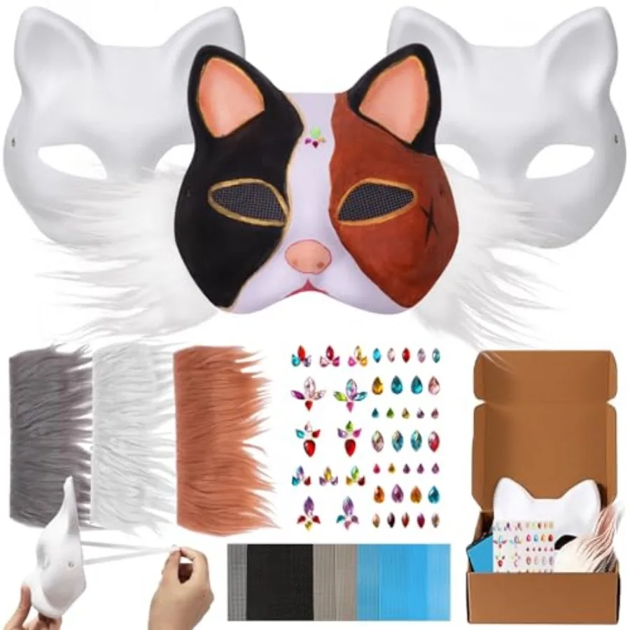 Máscara de Gato y Zorro OPPKIE, 3 Piezas con Pelaje, Mallas para Ojos y Pegatinas de Gemas, Máscaras de Disfraces para Pintar, Kit de Manualidades de Máscaras de Animales, C