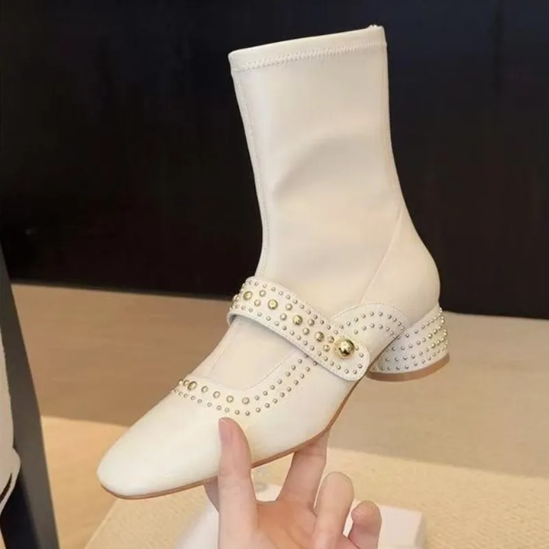Fashion Metal Rivet Design Women's Ankle Boots Comfort Soft Leather Modern Long Boots Elegant Round Toe Low Chunky Rider Boots