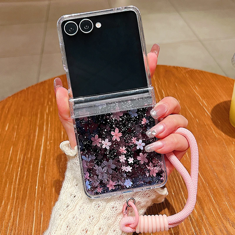 Kirschblüten-Lanyard-Handyhülle für Samsung Galaxy Z Flip 8 7 FE 6 5 4 3 5G Faltbare Hartschalen-Klarhülle für Samsung Z Flip7 Flip6
