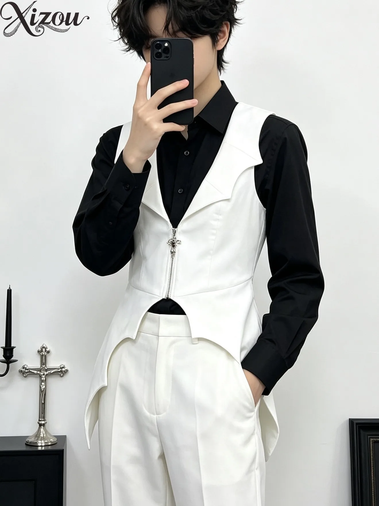 Men Women Black White Ouji Lolita Vest Bat Hem Lapel Collar Metal Cross Zip Slim Waistcoat Gothic Prince Cosplay Sleeveless Top