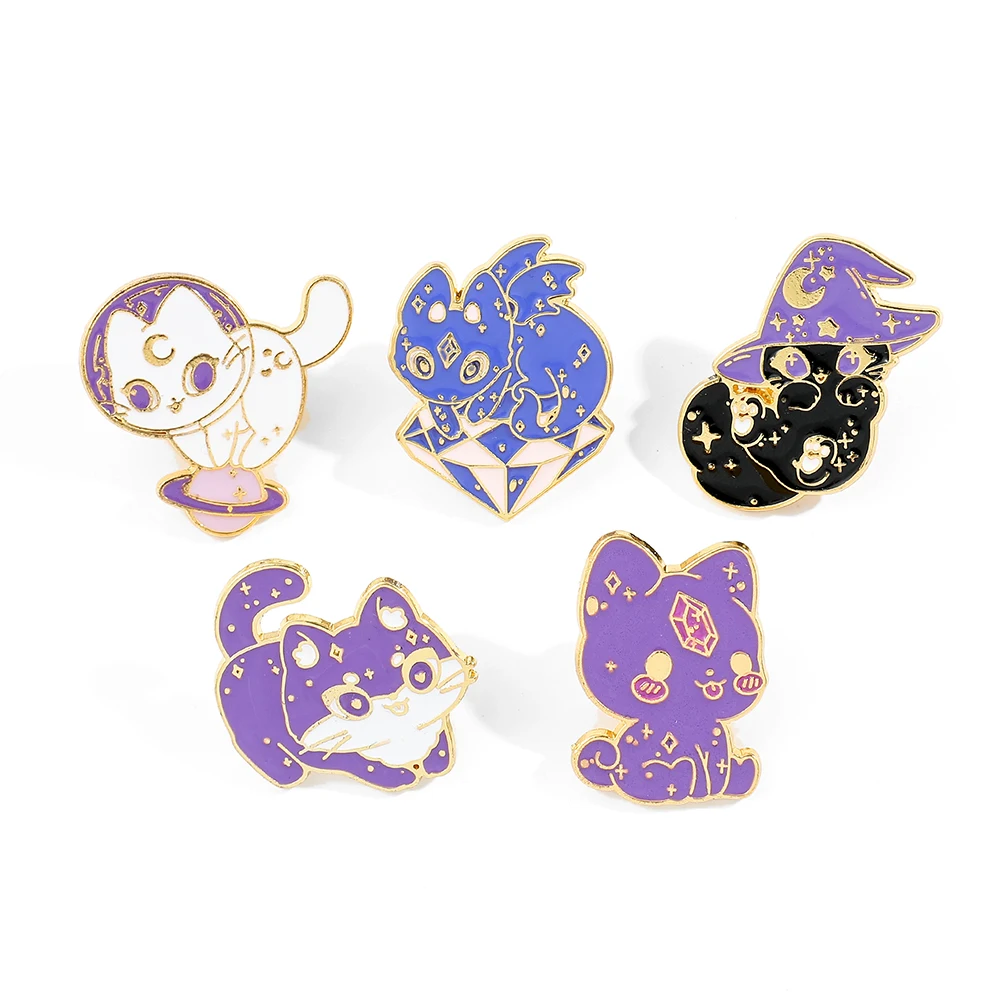 5 Pcs Cartoon Anime Brooch Cute Space Cat Enamel Lapel Pin Fashion Animal Metal Badge Jewelry Backpack Clothing Accessories