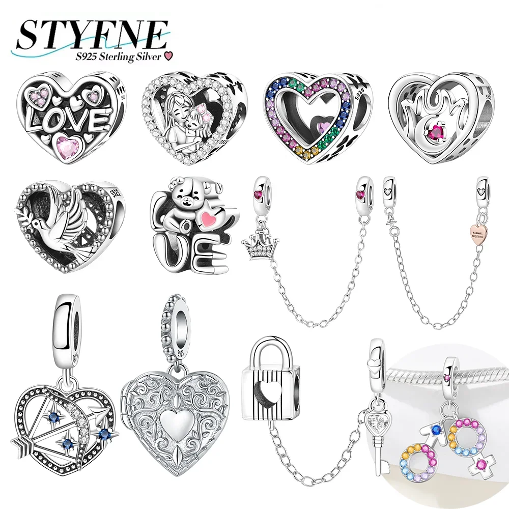 

New 925 Silver Heart-shaped Zircon Charms Mother Daughter Embrace Retro Carved Love Box Pendant Fit Bracelet Jewelry Gift Making