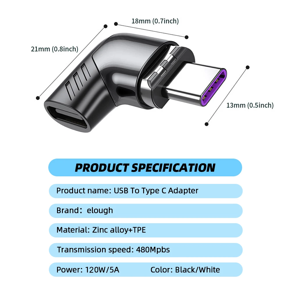 Elough 120W USB C To Type C Magnetic Adapter Fast Charging USB Type C Adapter Magnet Converter Right Angle Usbc Type C Connector