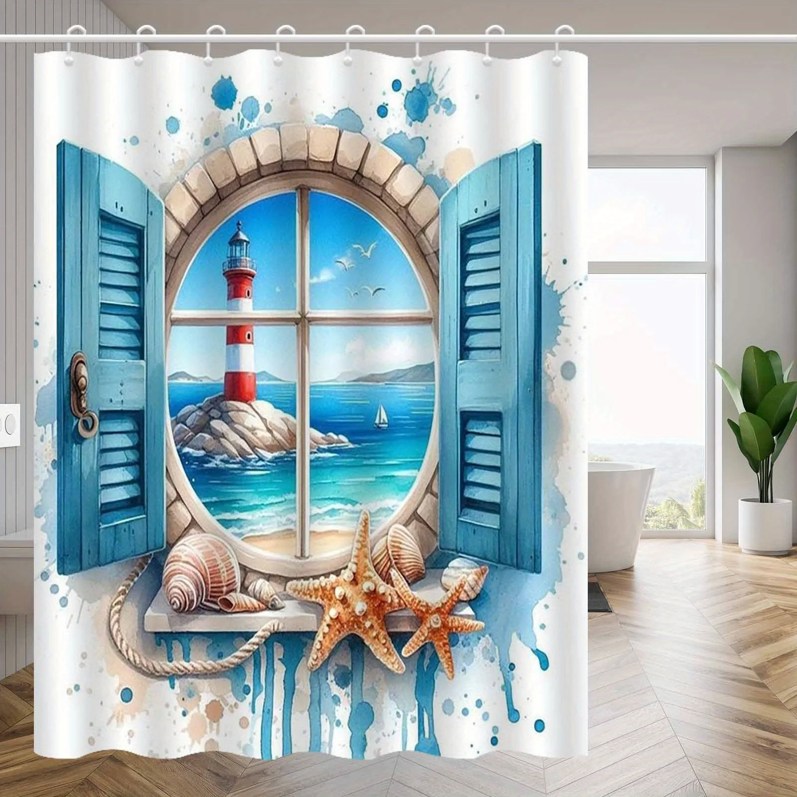 1pc Blue Ocean Shell Lighthouse Shower Curtain, High-end Elegant Bathroom Curtain, Bathroom Decoration Pattern