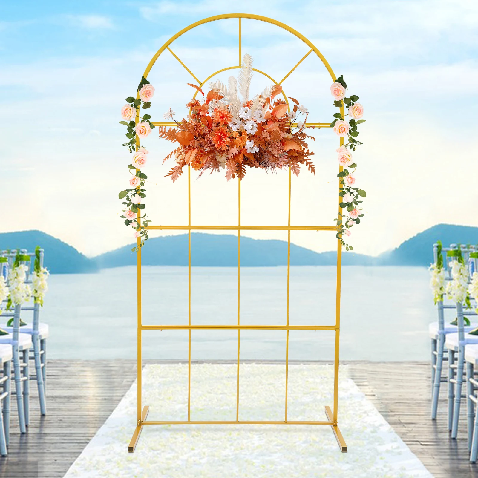 

W3.3xH6.5 FT Gold Metal Arch Backdrop Stand,Wedding Arch Backdrop Stand Metal Arches for Ceremony Party Decoration