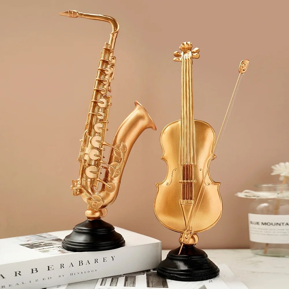 Resin Handicraft Musical Instrument Golden Violin Saxophone Artwork Decorative Figurines Home Decoration Accessories