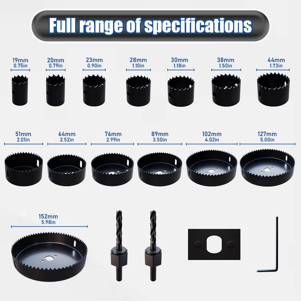 19-152mm Wood Hole Saw Kit, Round Hole Cutter Drilling Tools, Professional Hole Expander Set for Plasterboard, PVC and MDF