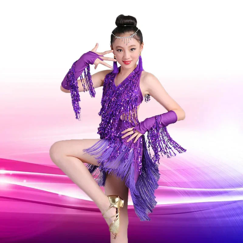 1set/lot children fashion latin sequin dress girl  v-neck tassel dancing dress 4colors