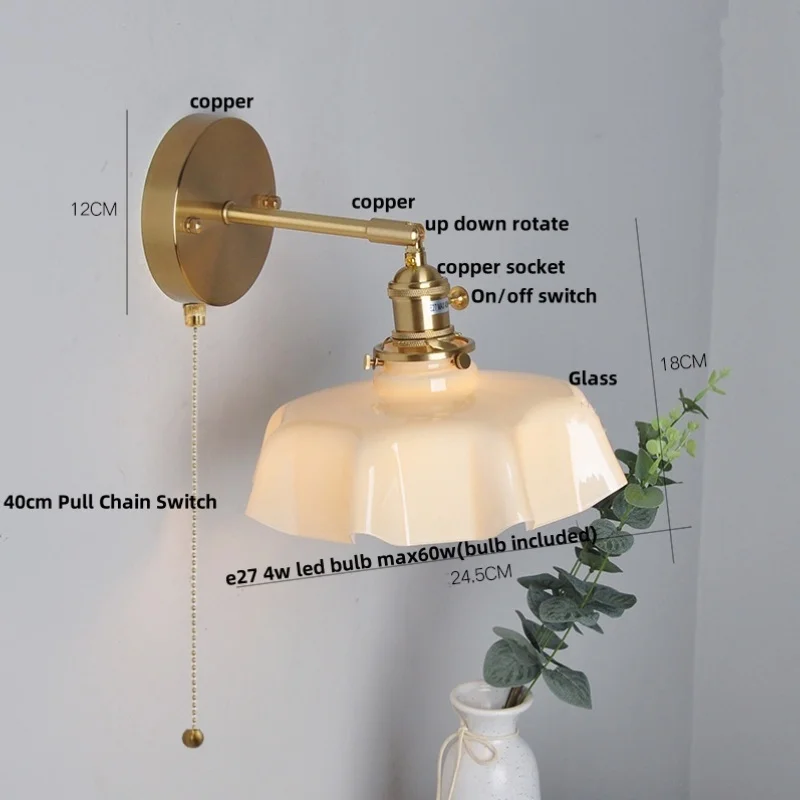 IWHD Pull Chain Switch LED Wall Light Fixture Hallway Aisle Cafe Up Down Rotate Yellow Glass Nordic Modern Bedside Lamp Lamparas