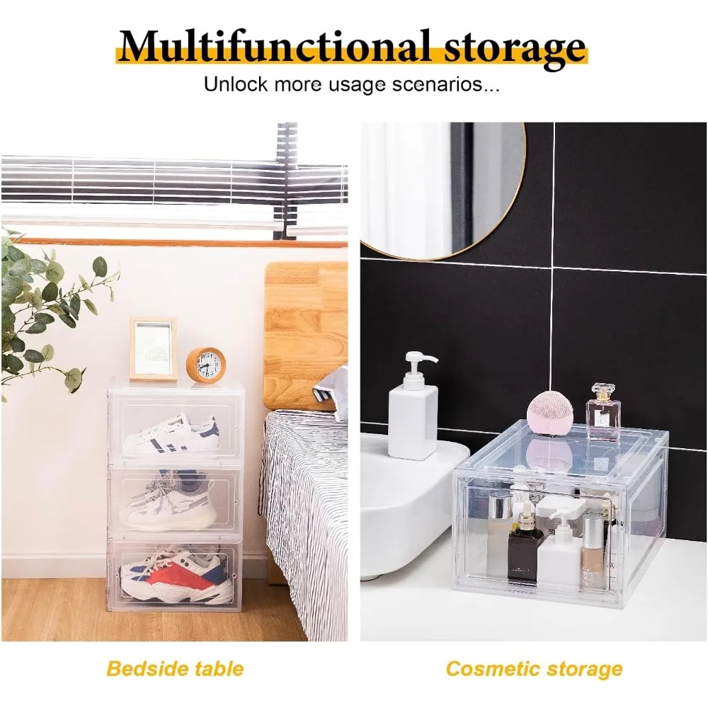 مجموعة صناديق أحذية بلاستيكية شفافة قابلة للتكديس مكونة من 6 قطع مع أبواب مغناطيسية لتخزين الأحذية القوي والوصول السهل