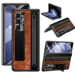 With Touch Pen For Samsung Galaxy Z Fold 7 6 5 4 3 Case Leather Vintage Hinge Holder Full Screen Protector Folding Cover
