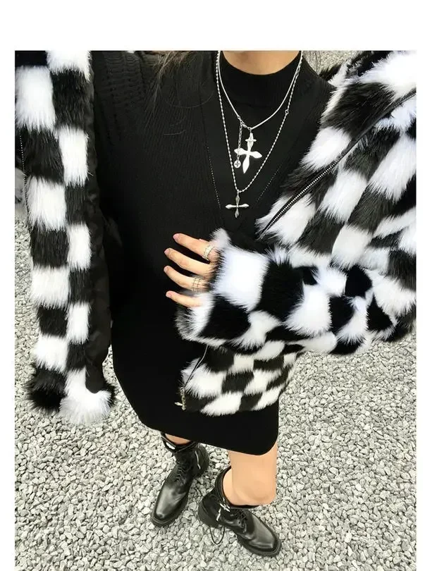 Chic Woman Winter Furry Checkerboard Bomber Jacket Faux Fox Fur Black White Plaids Hooded Coat Flocking Cardigan Fleece Tops