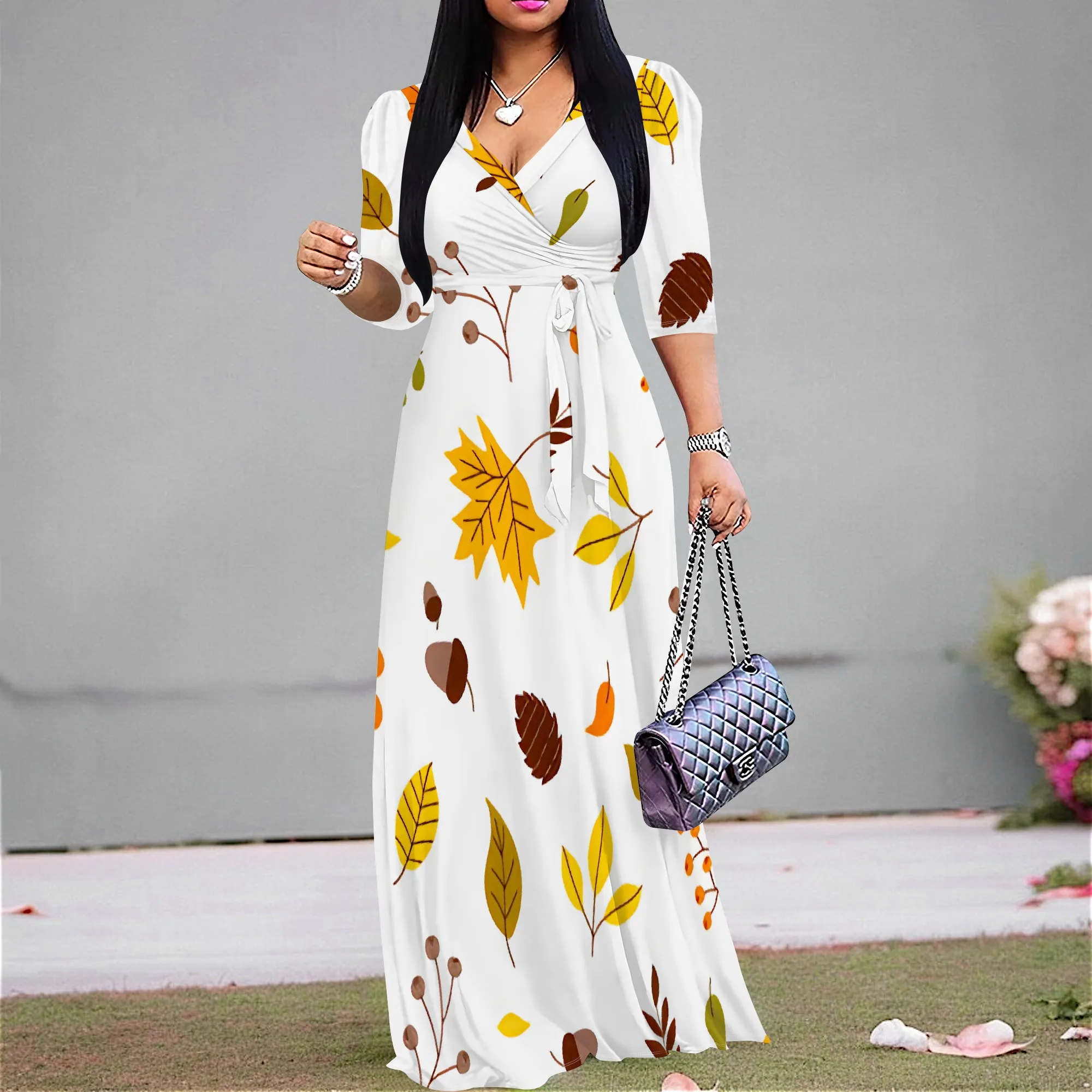 

Plus Size Fall Leaf Print Maxi Dress V Neck Long Dress for Autumn Picnic or Thanksgiving