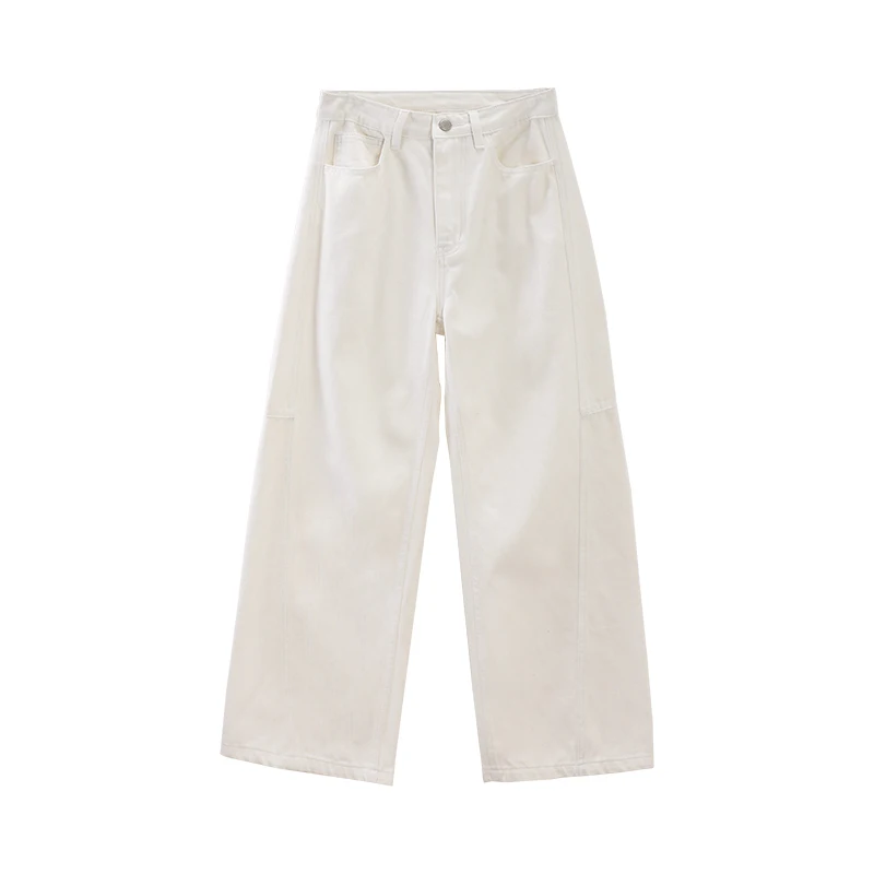 Alxnan jeans feminino branco de cintura alta perna larga em linha reta algodão 100% jeans outono casual senhora do escritório calças largas l569165