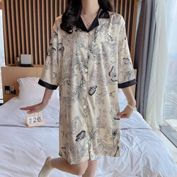 Summer Butterfly Print Nightgown Comfortable Loose Women Home Clothes Ink Wash Style Floral Printed Satin Silk Night Gown