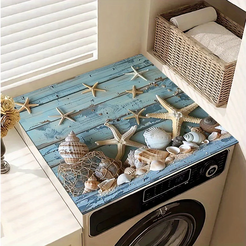 Tapete para Lavadora y Secadora con Diseño de Estrellas de Mar y Conchas Marinas, Accesorios para Lavandería, Baño y Cocina