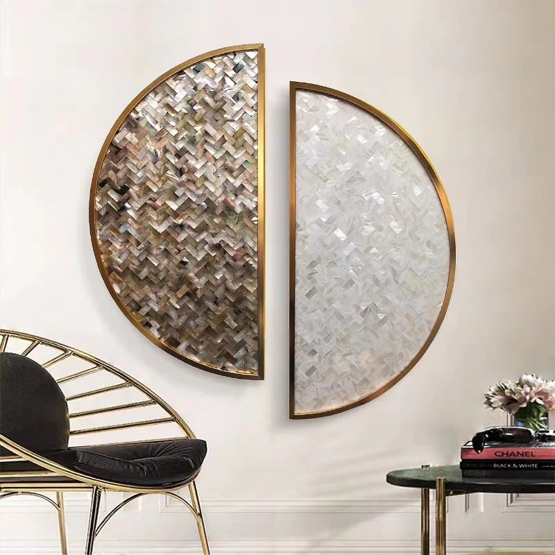 Modern light luxury semi-circular shell decorative painting, metal inlaid hotel office living room background wall painting