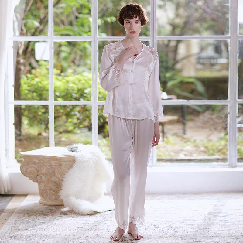 

White Sheer Lace Silk Pajamas Set for Women 100% Mulberry Silk 2 Piece Cardigan Pajama Suit V Neck Sexy Long Sleeve Loungewear