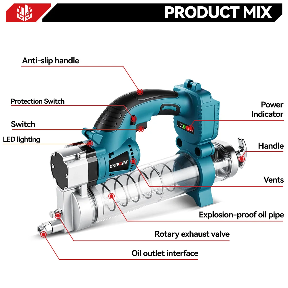 ONEVAN 10000PSL High Pressure Electric Grease Machine Cordless Rechargeable Car Lubricating Oil Tool For Makita Battery Pin