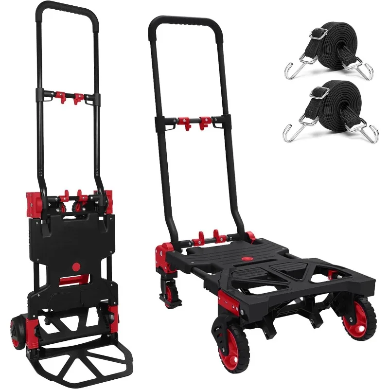 

Folding Hand Truck 330lbs Capacity Heavy Duty Dolly Cart with 2 Elastic Bungee Rope,4 Rubber Wheels,Retractable Handle