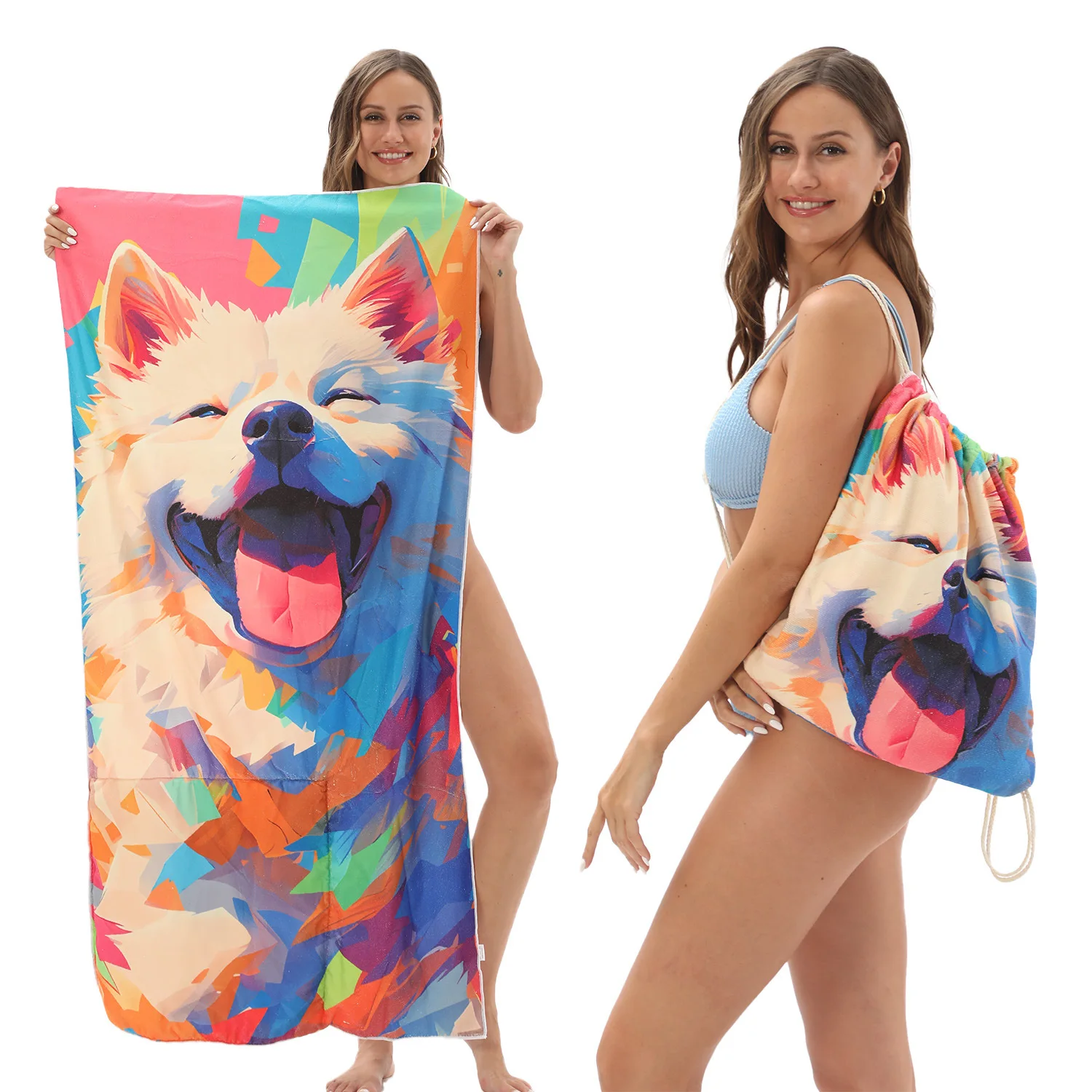 Two-in-one Foldable Beach Towel with Rrinted Design Integrated Beach Towels Being Changed to Bag for Storage and Carrying