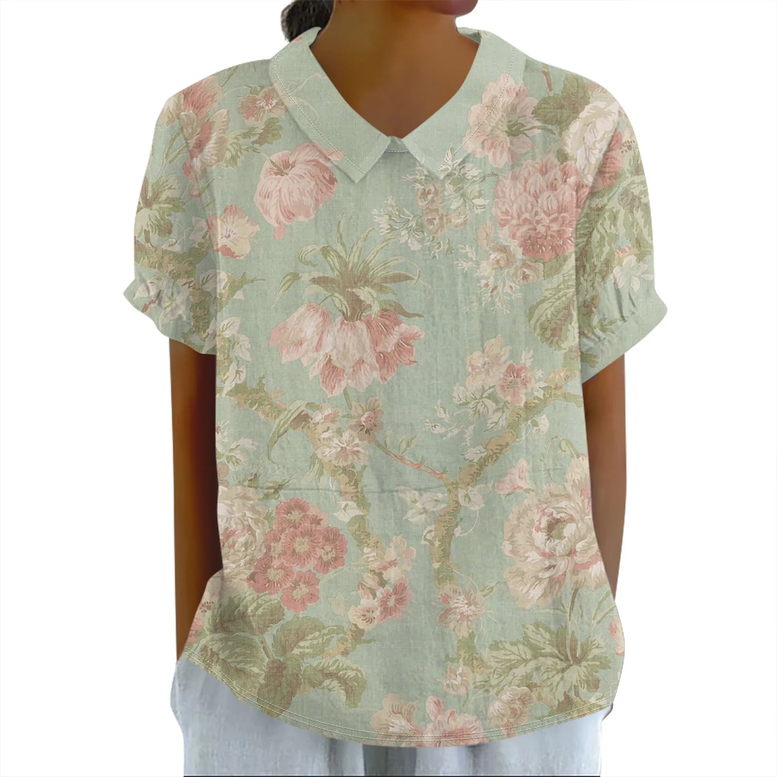 Vintage Floral Printed Tops For Women Fashion Loose Soft Short Sleeve Polo Collar Summer Lightweight Casual Pullover T-Shirt