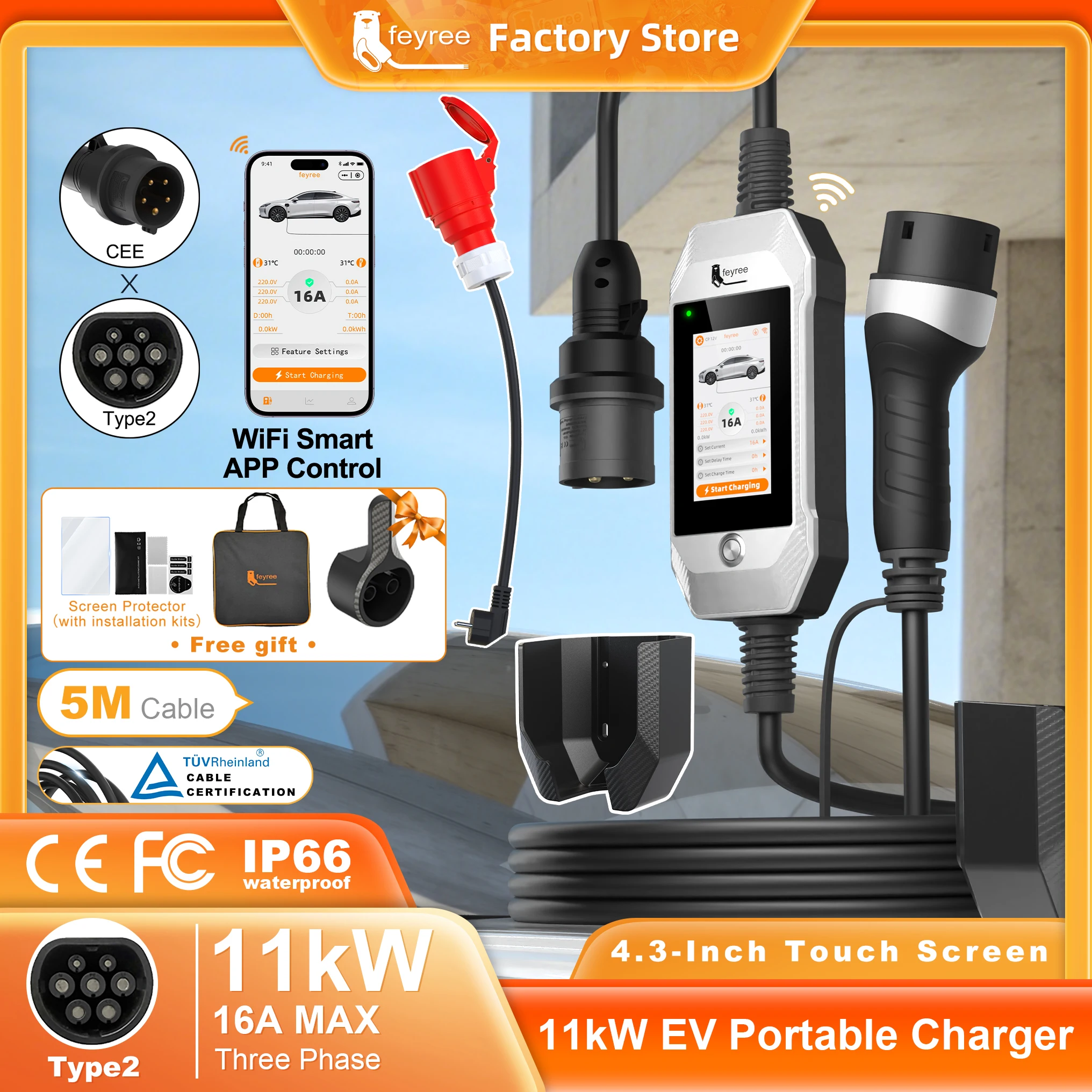 Cargador Portátil para Vehículos Eléctricos Feyree de 11kW 16A 3P Tipo 2 con Pantalla Táctil de 4.3 Pulgadas e Historial de Carga, Control por Aplicación WIFI, EVSE Inteligente para Vehículos Eléctricos