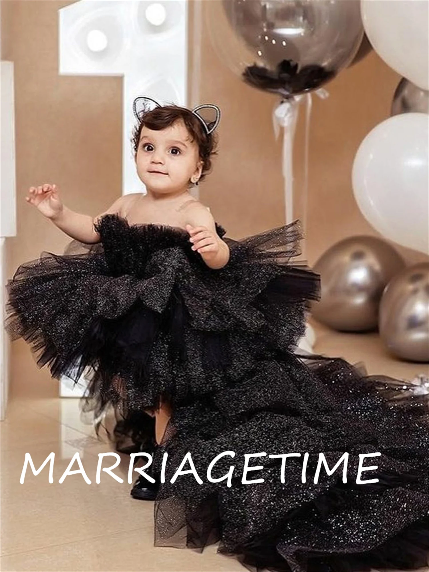 Fluffy Flower Girl Dress Party Kids Birthday Sleeveless Knee Length Princess Lace Dresses Court Train Shiny Black Ball Gown