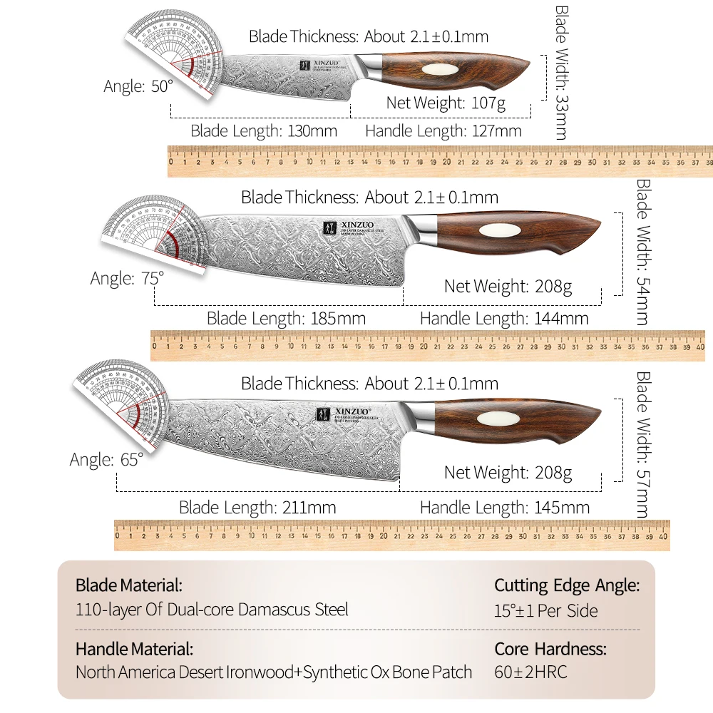 XINZUO 3PCS Kitchen Knives Sets Handmade Damascus Steel 58-62 HRC Chef+Santoku+Utility North American Desert Ironwood Handle