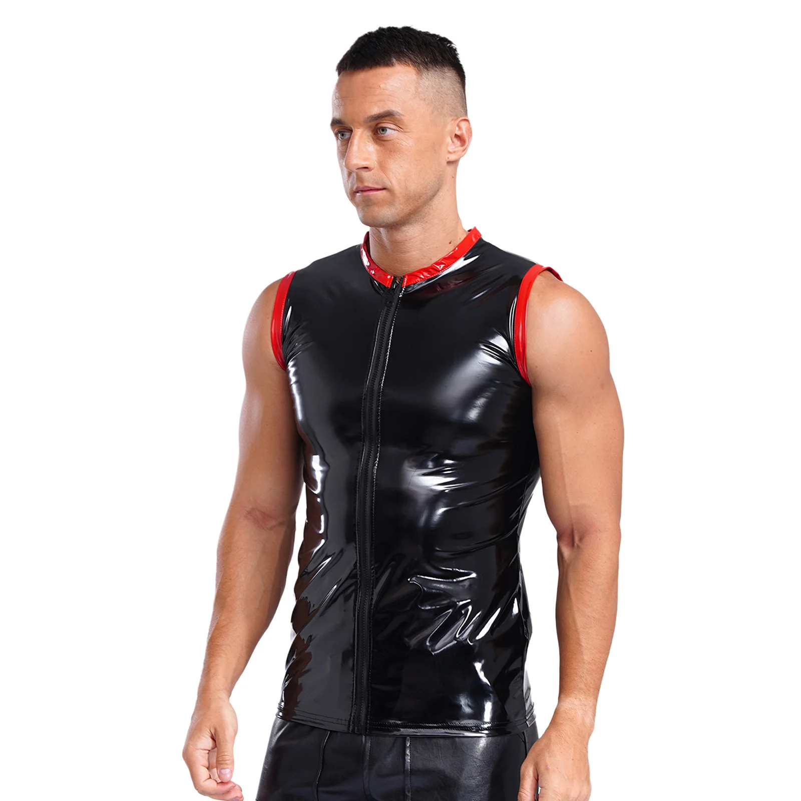 

Mens Oil Leather Vest Tank Top Wetlook Costume Round Neck Sleeveless Front Zipper Contrast Compression Outfit Stylish Clubwear