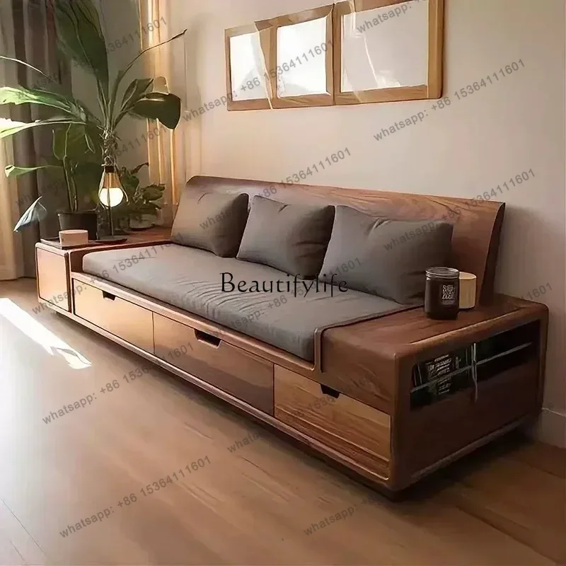 Black walnut solid wood sofa combination Modern simple living room Straight row sofa Locker can be customized