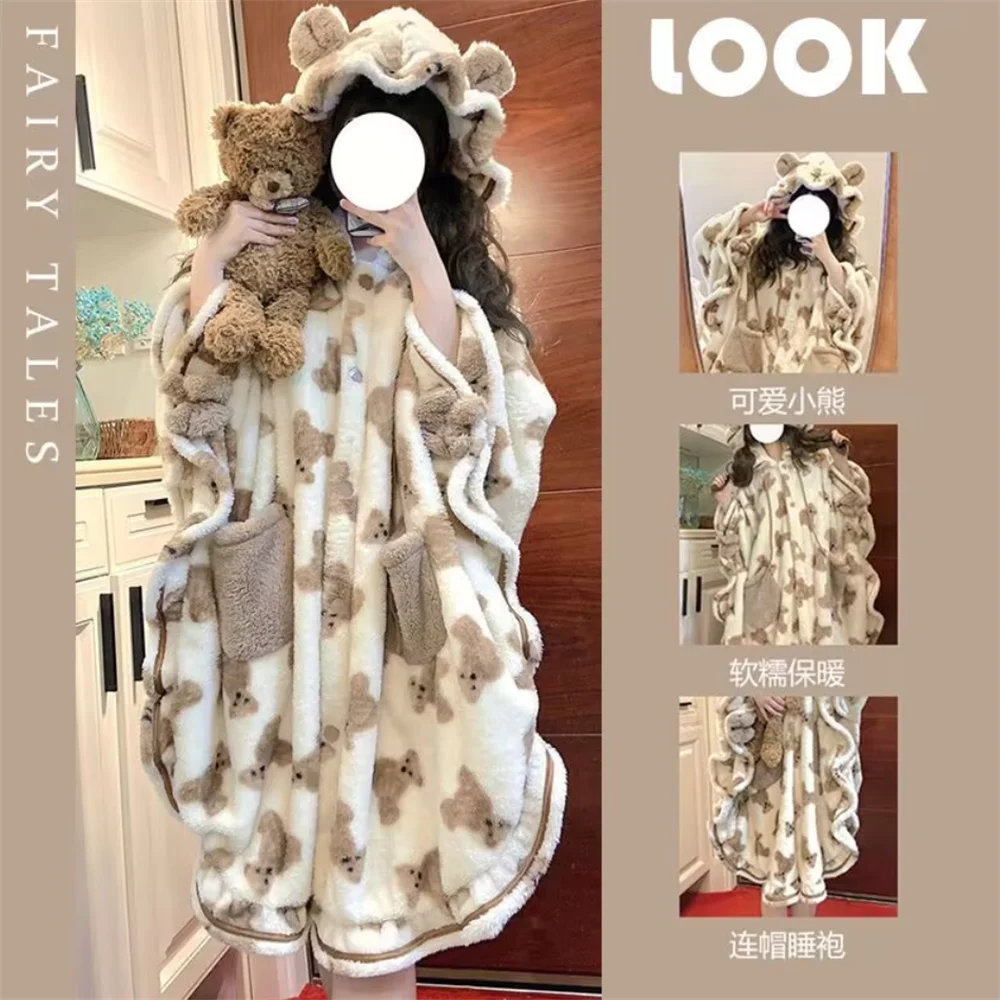 Cute Bear Blanket Brown Color Plush Pajamas Anime Cloak For Home Halloween Cloak For Adults Winter Ponchos Women Hooded Cape