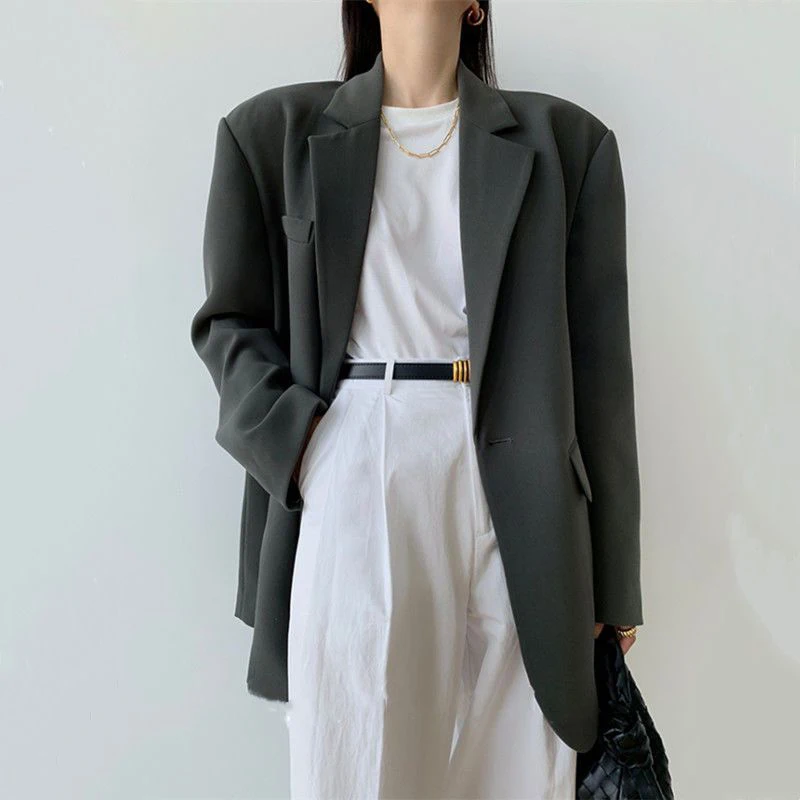 Zoki Vintage Harajuku Blazer Coat Women Casual Loose Long Sleeve Jackets Oversize Retro Simple Korean Office Lady Solid Suit Top