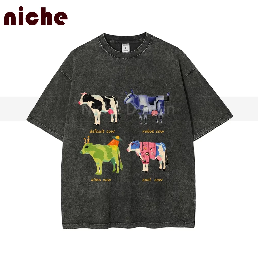 

Unisex Washed T-Shirt 100% Cotton Cute Cow Print Comfortable Custom Cool Casual Fashion for Men And Women