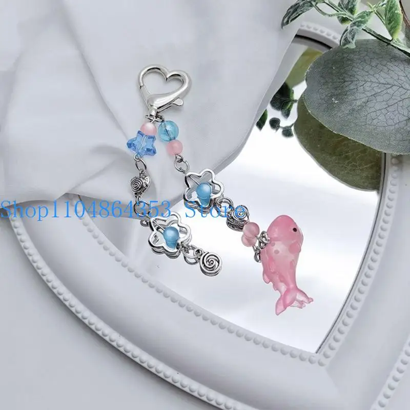 652F Hollow Flower Pendant Keychain Crystal Star Beaded Keyring Unique Whale Phone Chain for Students Beaded Charm Keyholder
