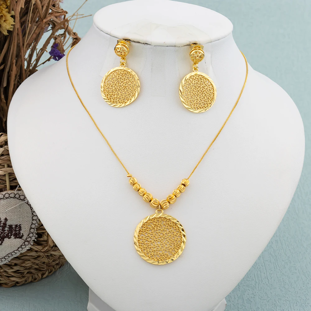 

African Hoop Earrrings Necklace for Women Gold Plated Bead Chain Jewelry Set Dubai Classic Fashion Round Pendant Nigerian Gift