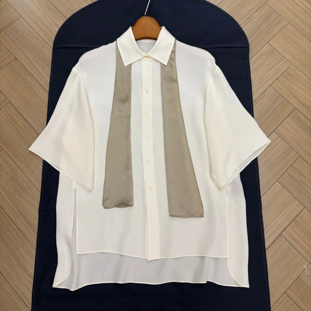 بلوزة بيضاء قصيرة الأكمام بلايز الحرير 2025 جودة عالية جديدة