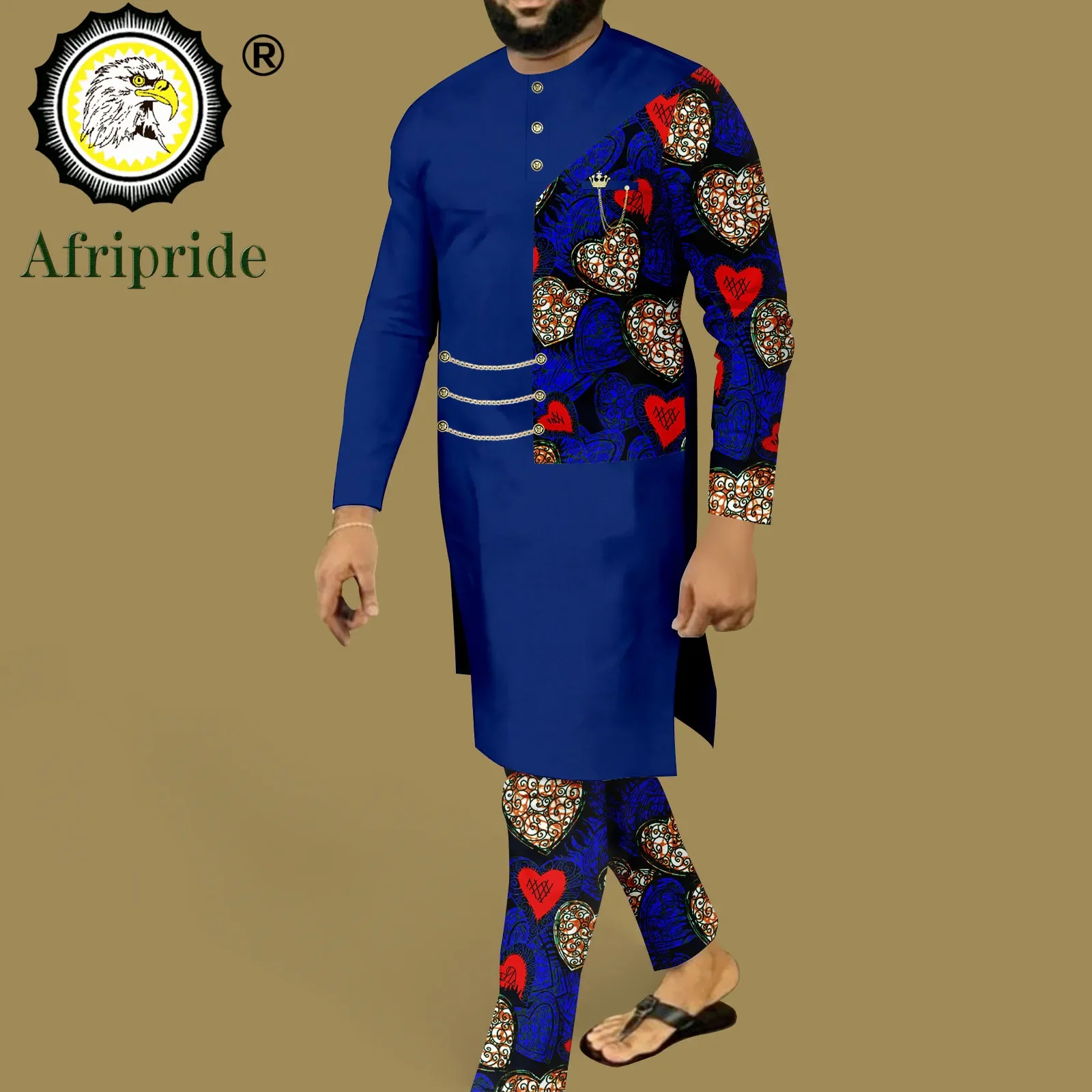 African Suits for Men Single Breasted Chain Long Shirts and Pant 2 Piece Set Print Outfits Dashiki Clothes for Wedding A2316034