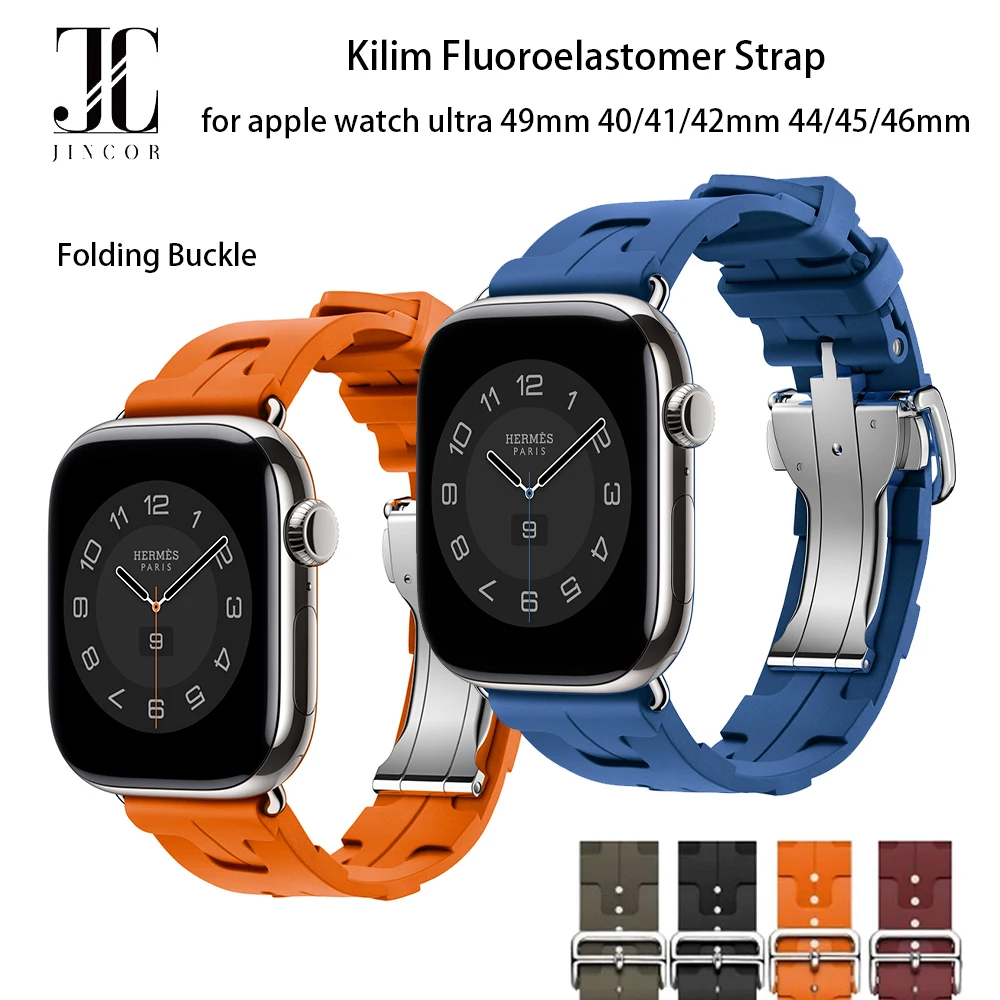 JINCOR Kilim For Apple Watch Ultra 2 Band Series 10 9 8 7 6 Deployment Buckle Iwatch 40MM 44MM 45mm 49MM Fluoroelastomer Strap