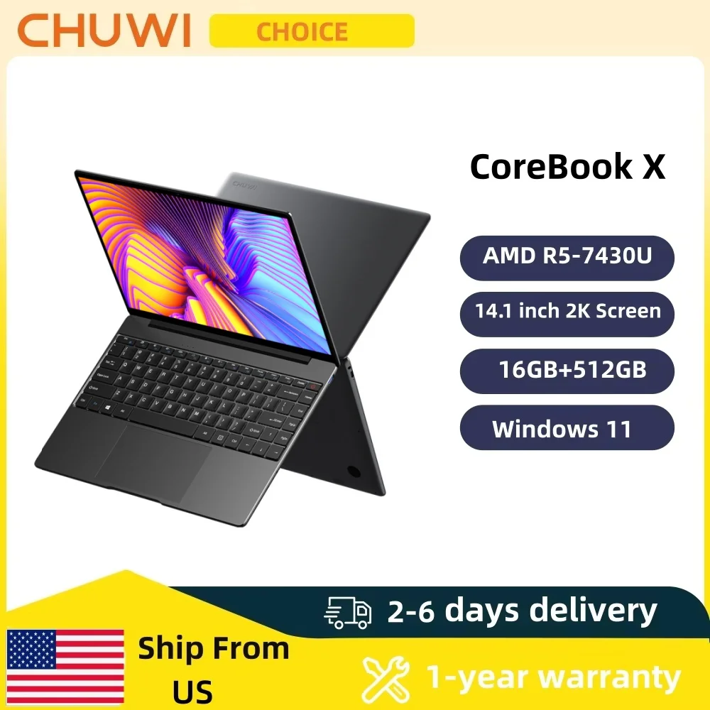CHUWI CoreBook X كمبيوتر محمول للألعاب AMD R5-7430U 16GB DDR4 RAM 512GB SSD 14.1 بوصة 2K شاشة كمبيوتر محمول خفيف الوزن 4.3 جيجا هرتز ويندوز 11