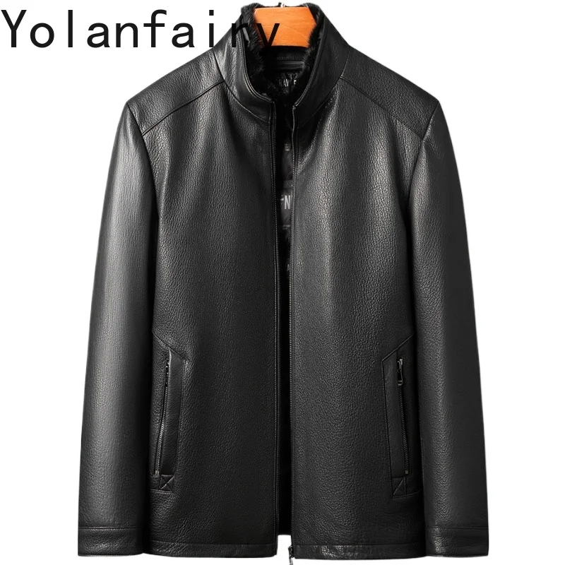 

YOLANFAIRY Real Goatskin Leather Down Jacket Man Casual Warm Genuine Leather Coat Detachable Duck Down Liner Coats Mink Collar