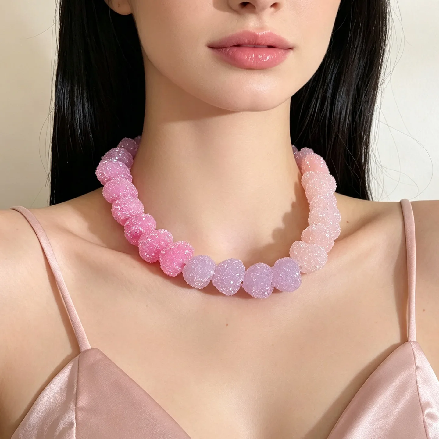 Korean ins wind gradual change powder sugar beads love resin necklace temperament sweet sugar granules round beads short collarb