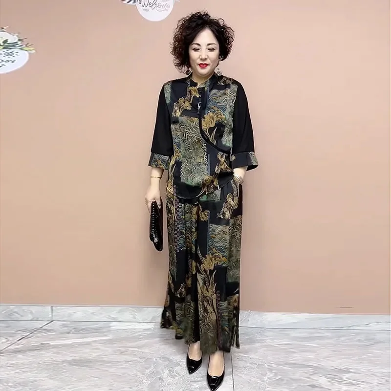 

2025 New Wide Leg Trouser Set Middle and Elderly Loose Mom's Wear Your Lady's High end Fashion Ethnic Style women Two Piece Sets