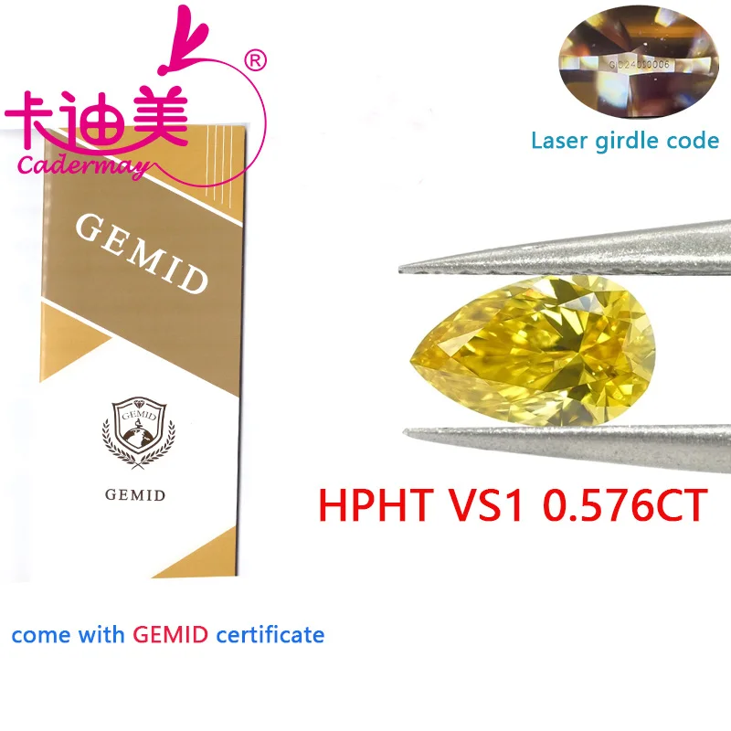 CADERMAY Pear Cut Fancy Deep Yellow Color VVS1 Clarity HPHT Lab Grown Diamond 0.671 CT Loose Stone Gemstone For Jewelry Making