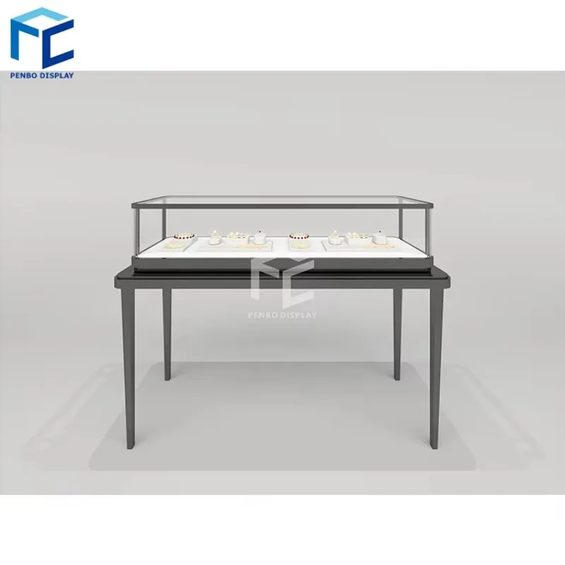 Custom.Trendy Custom Jewellery Display Cabinet Gold Stainless Steel Led Lighting Lockable Glass Jewelry Showcase Display Cabinet