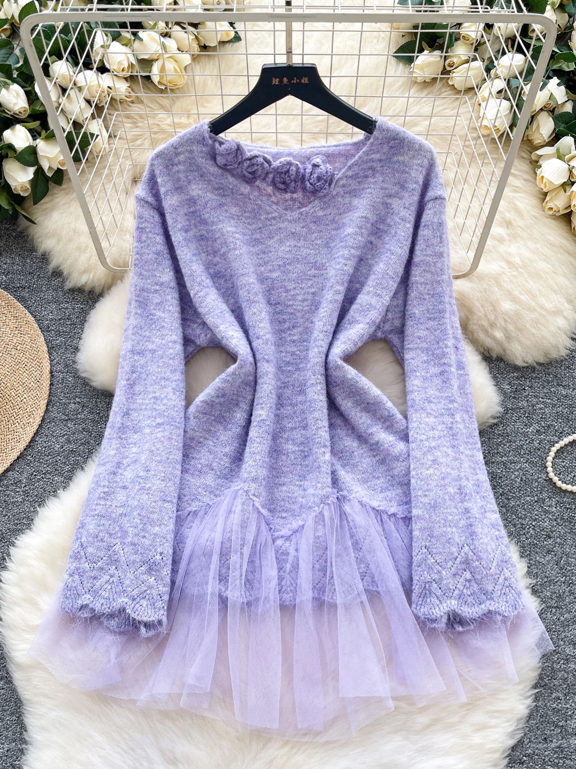 Женский осенне-зимний свитер, вязаный 3D цветок, v-образный вырез, длинные рукава, сетчатый лоскутный вязаный мягкий вязаный топ, пуловер, женский SW033