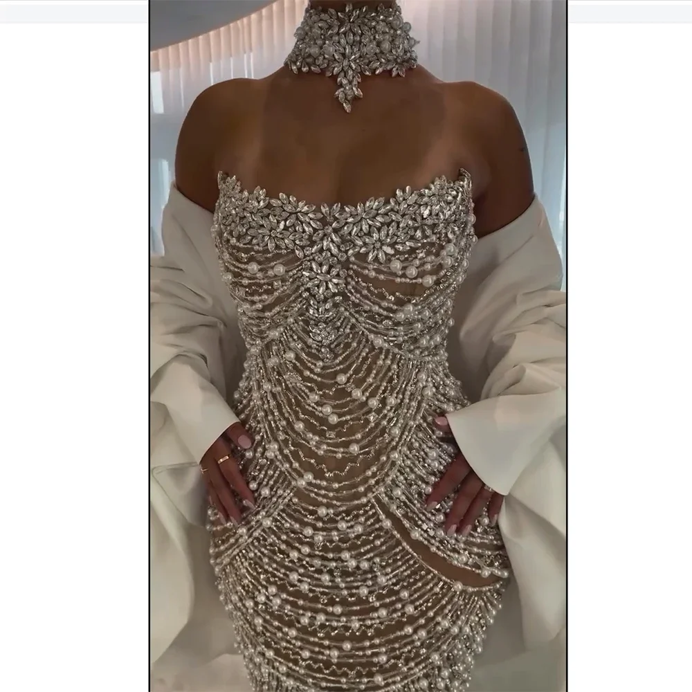 Serene Hill 2025 Saudi Beaded Evening Dresses Gowns for Women white Mermaid for Women Wedding Party BLA72802 Customized